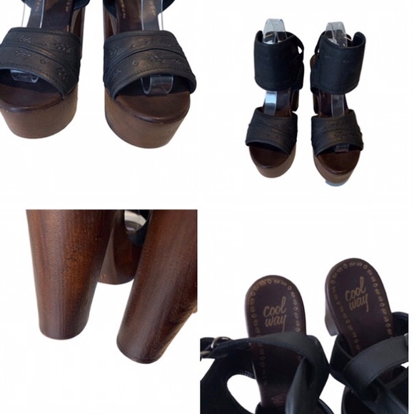 COOLWAY WOODEN PLATFORM HEELS SANDALS BLACK WITH FLORAL DESIGN SIZE 10 - Picture 10 of 16